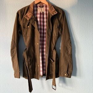 Banana Republic Waxed Cotton Khaki Zip Belted Plaid Lined Utility Jacket